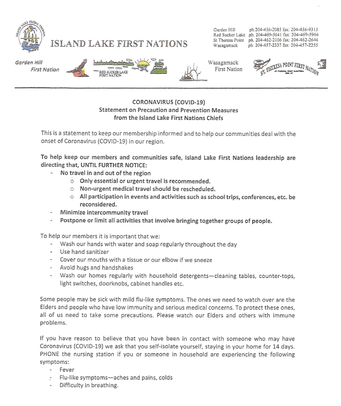 Read more about the article CORONAVIRUS (COVID-19) Statement on Precaution and Prevention Measures from the Island Lake First Nation Chiefs
